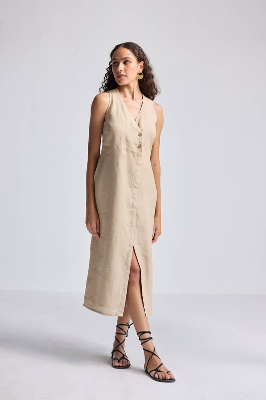 Straight Dress with Front Slit in Neutral Beige Hemp Front