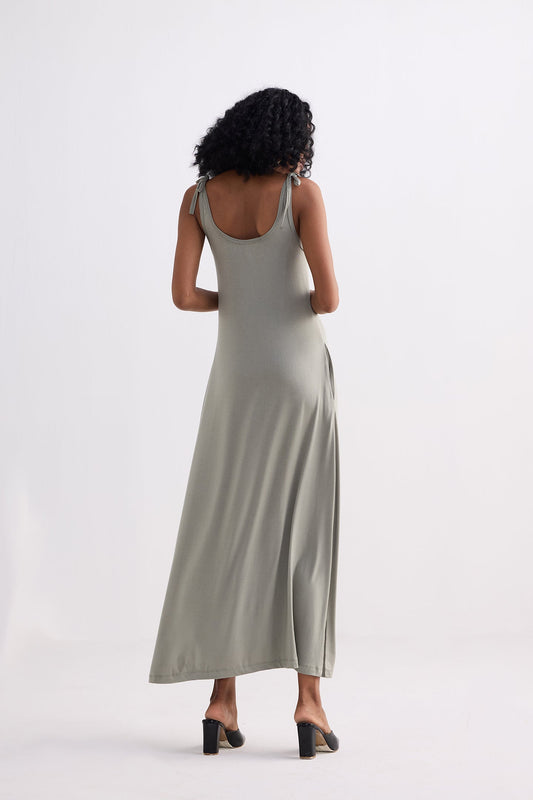 Tie-Detail Maxi Dress in Light Olive Back