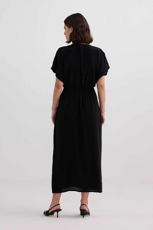 V-neck Gathered Maxi Dress in Black Back