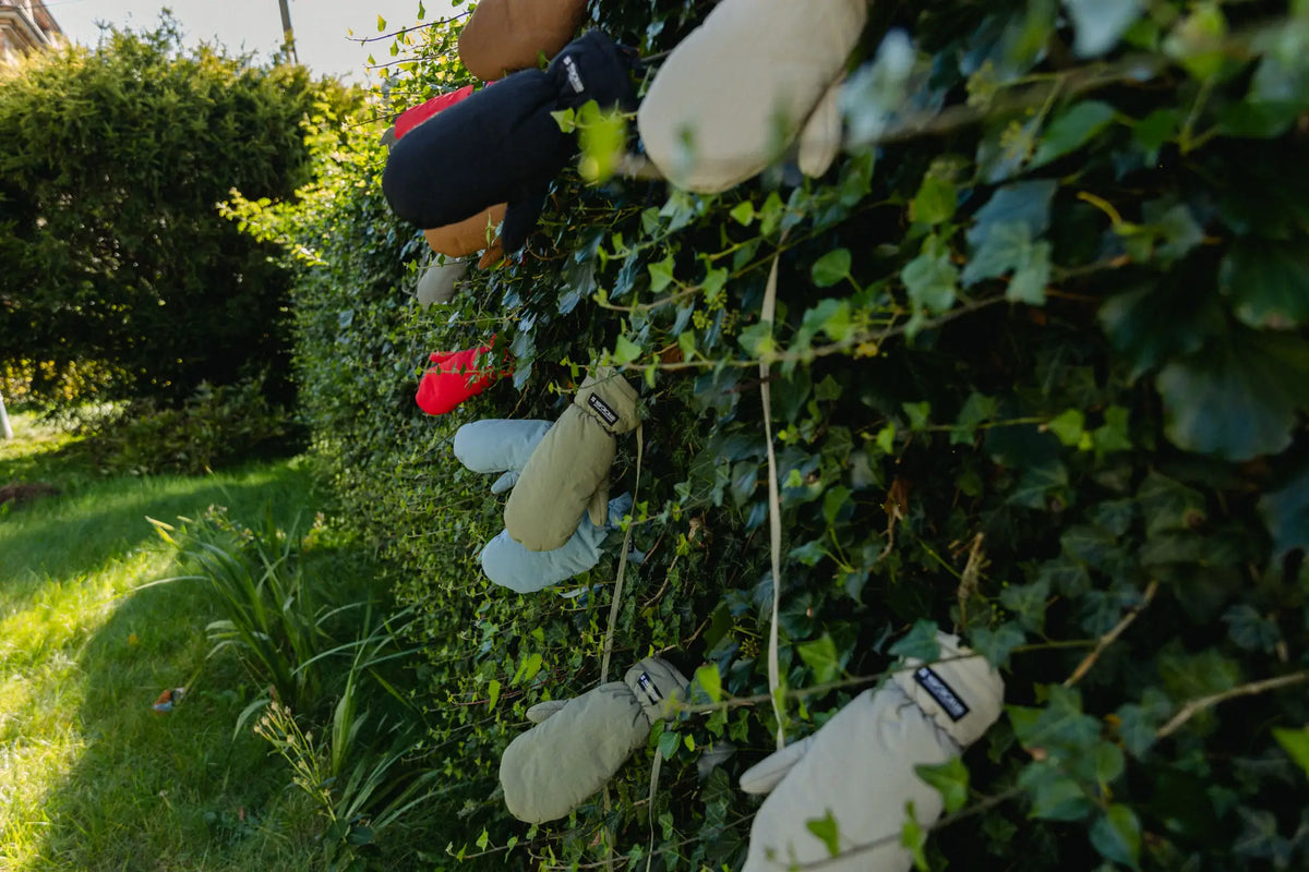 Set of vegan winter gloves in cinnamon, beige, gray, and black made from recycled materials hanging outdoors on a leafy wall. - The New Orchard - Fresh Cinnamon