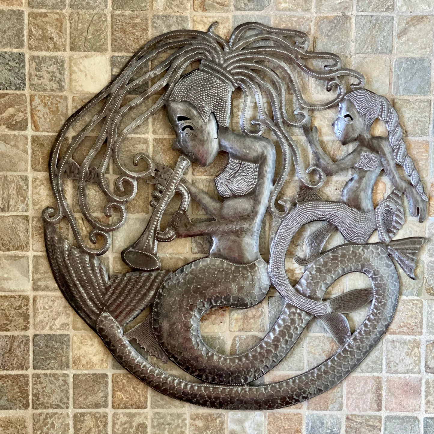 Mermaids Playing Music Wall Art, Under the Sea Home Decor, Handmade in Haiti, 23 Inches Round