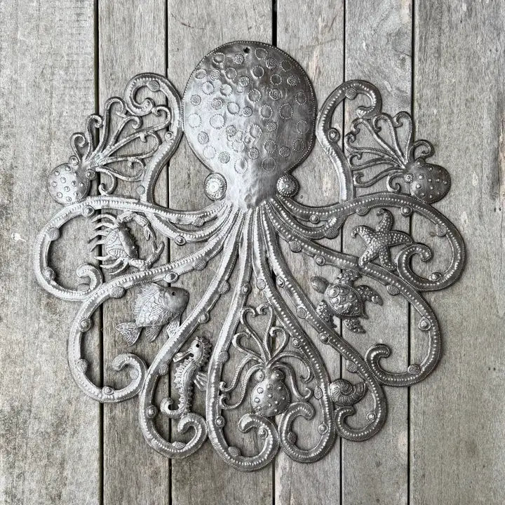 Haitian Metal Octopus Wall Art 23x23 Hand Chiseled Steel