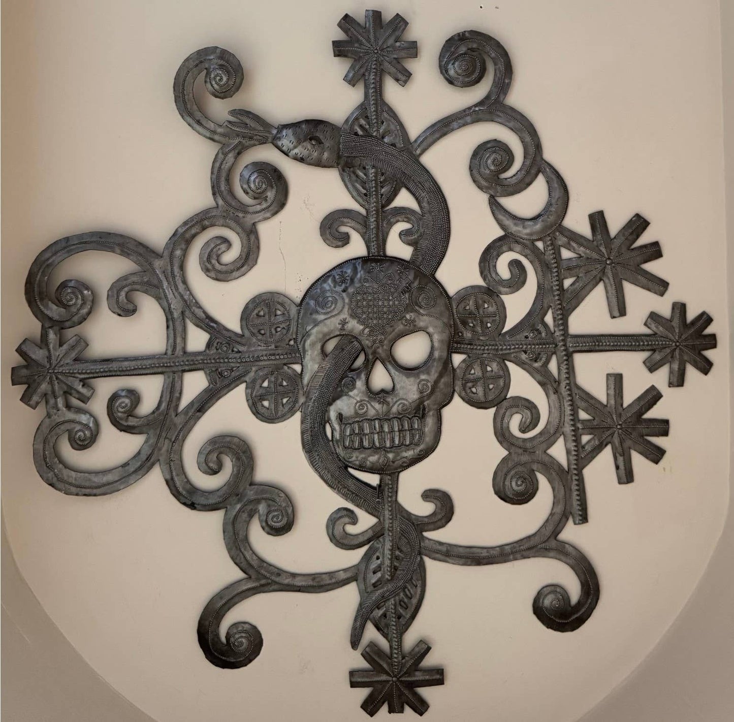Skull Skeleton with Snake, Voodoo Haitian Metal Art