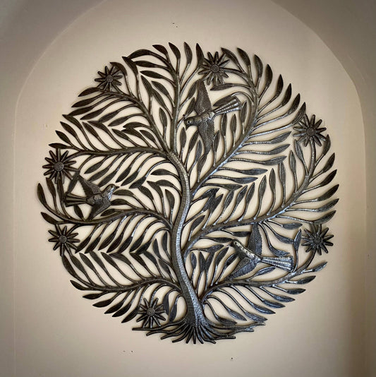Delicate Cut Tree with Birds, Haitian Wall Hanging 23 Inch