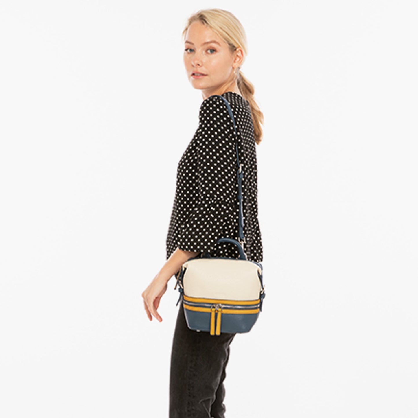 SUSU Blue Leather Backpack Purse for Women Convertible Crossbody Bag Medium Size with Front and Back Pockets