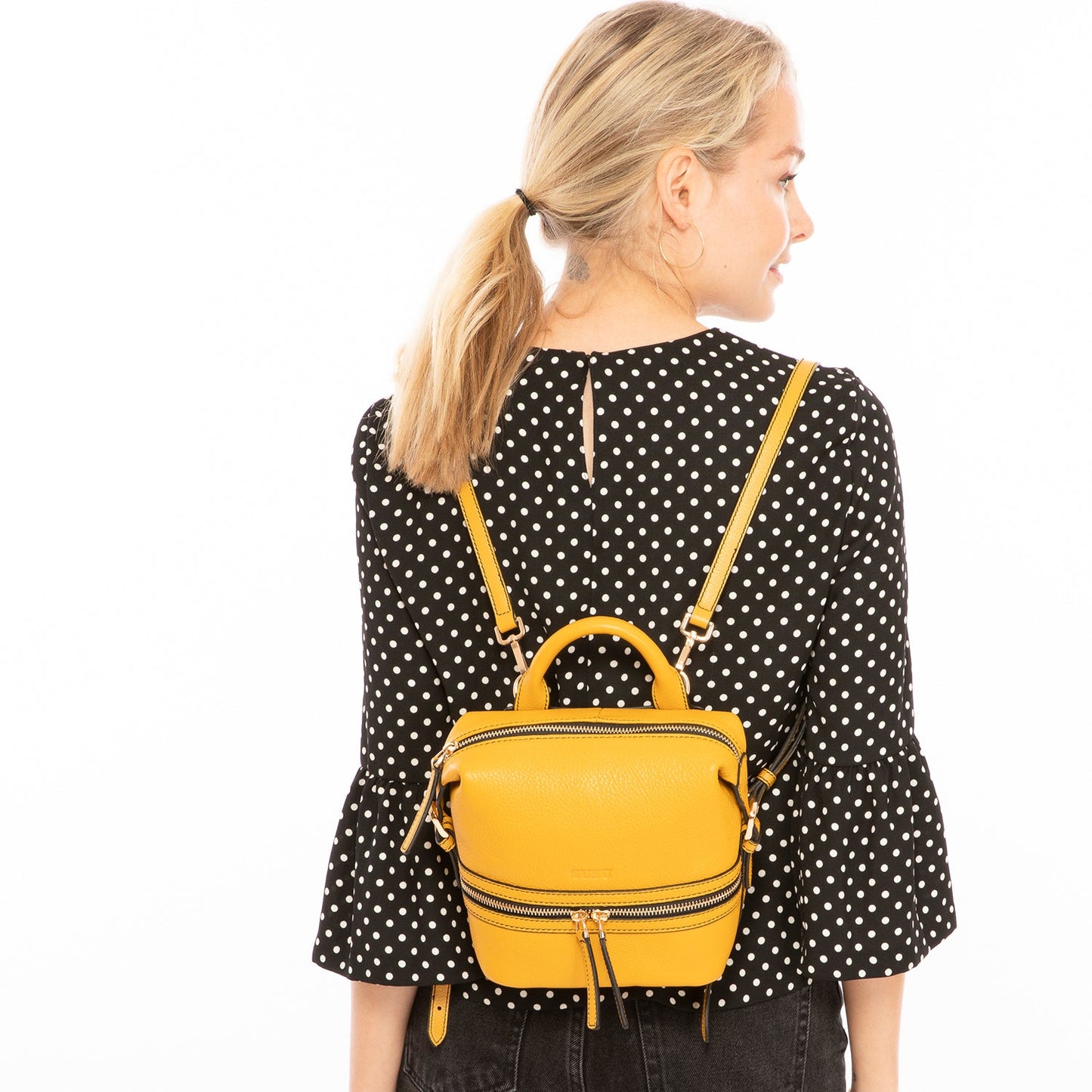 SUSU Leather Backpack for Women Yellow Purse Convertible Crossbody Bag Medium Size with Front and Back Pockets