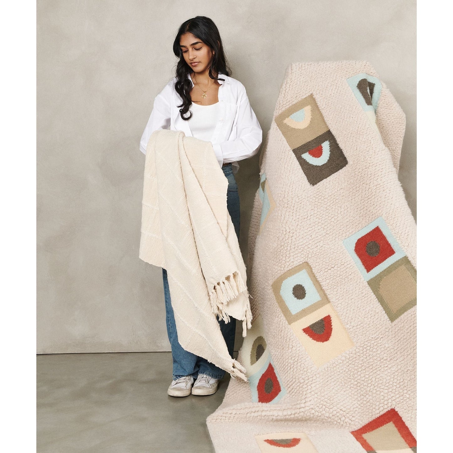 Sea Shell White Textured Checks Handloom Throw