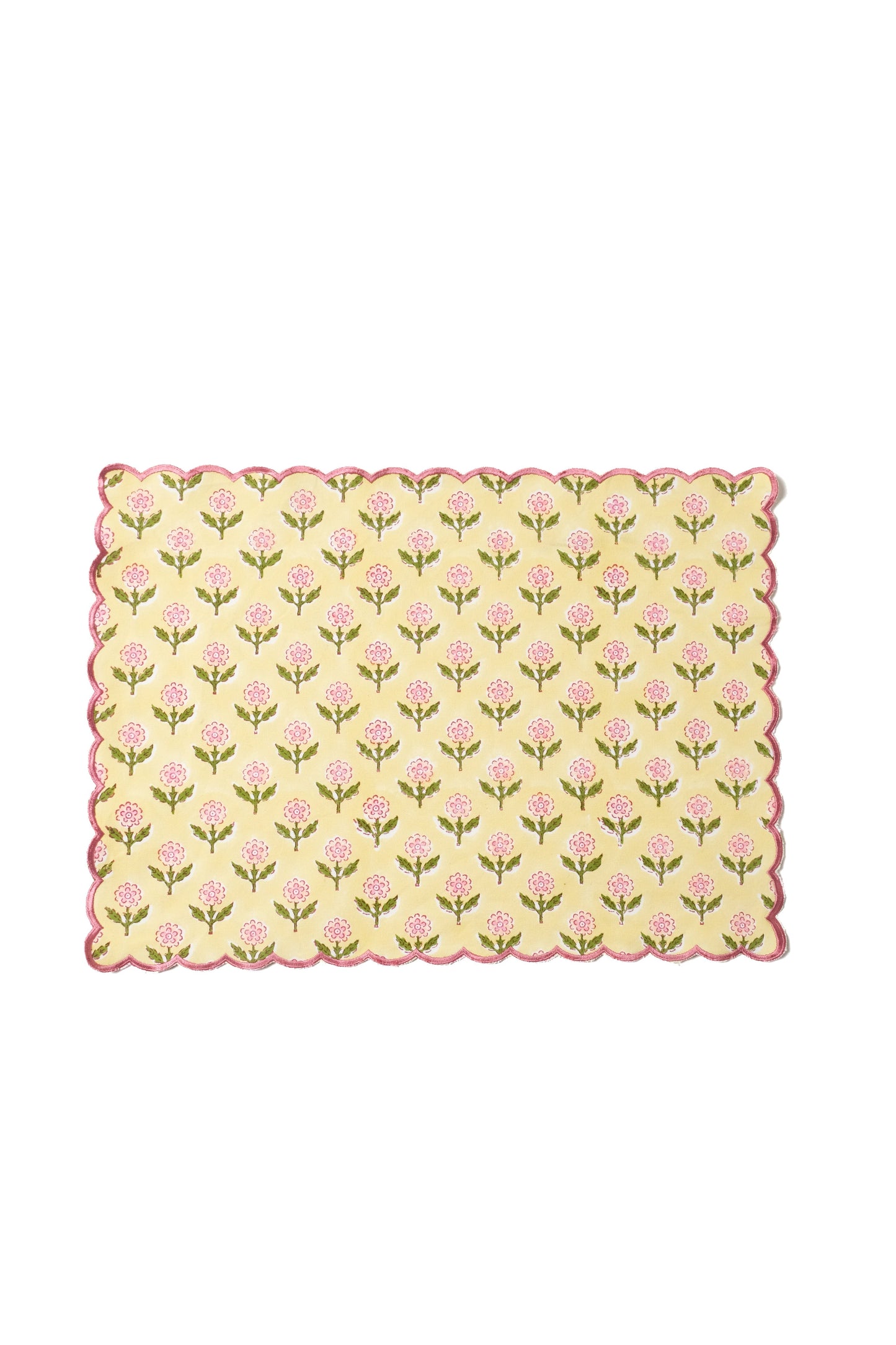 Mona Scallop Embroidered Blockprint Placemat in Butter Yellow