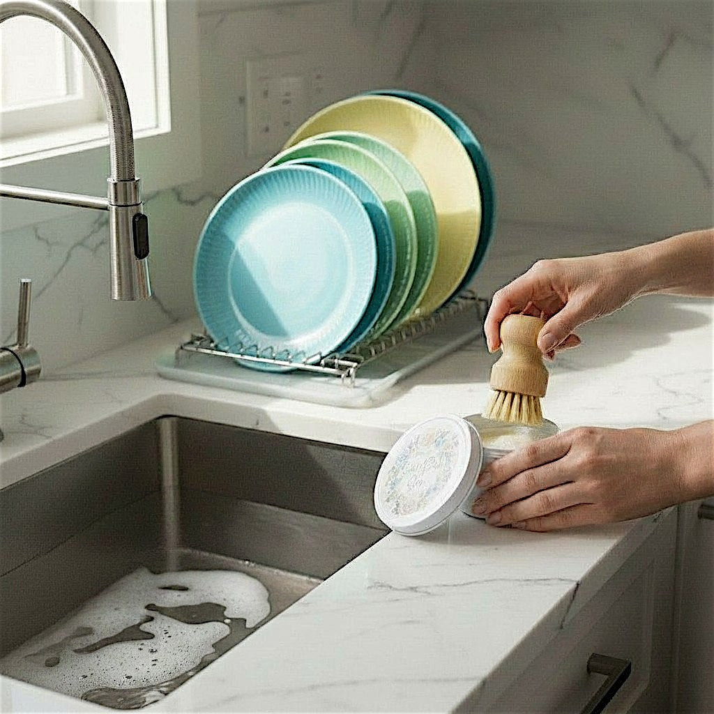 Solid Dish Soap Bar with Bamboo Brush – Zero Waste Kitchen Cleaning Block