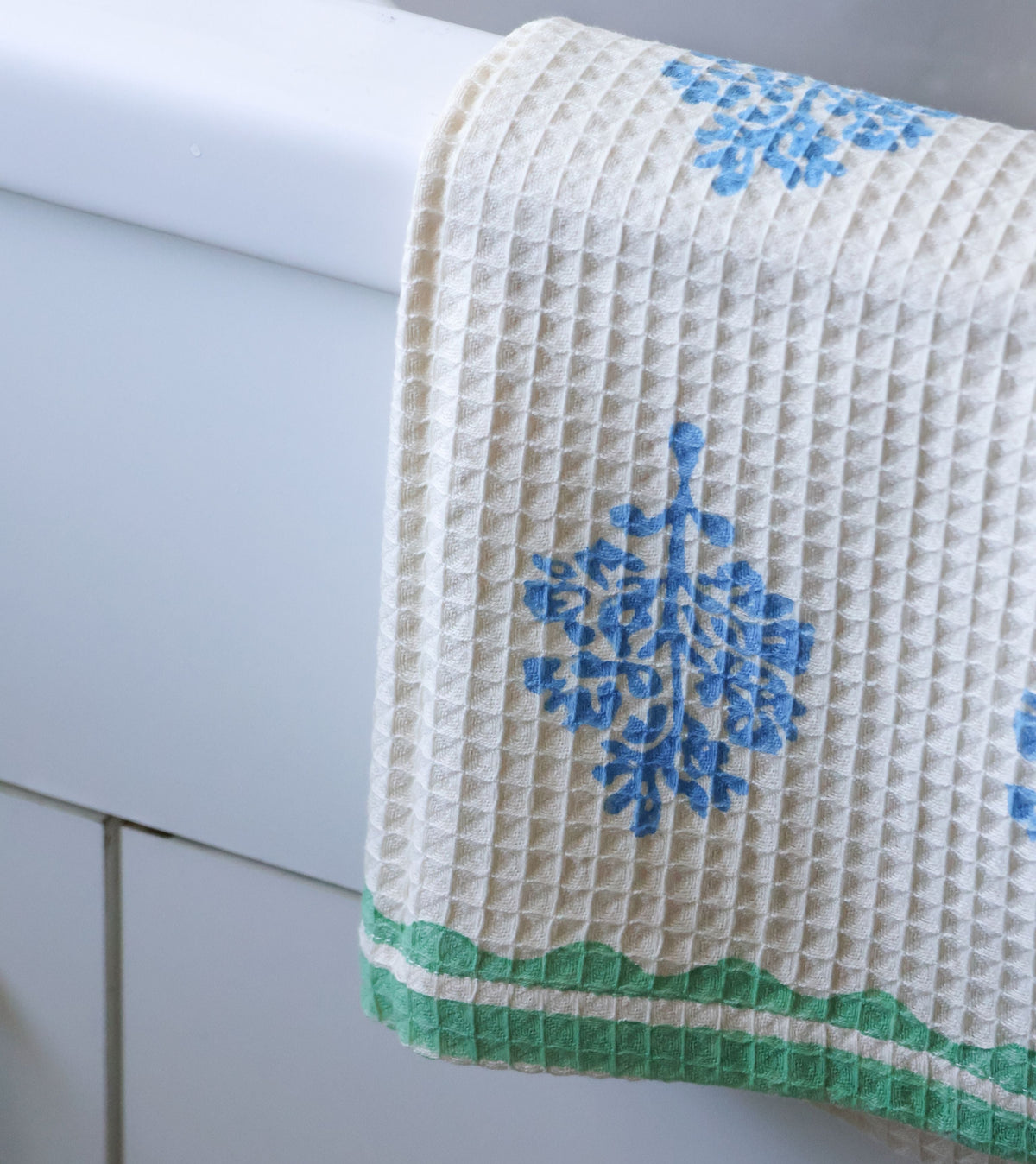 Sara - Cotton Waffle Kitchen Towel - Pastel Green & Blue