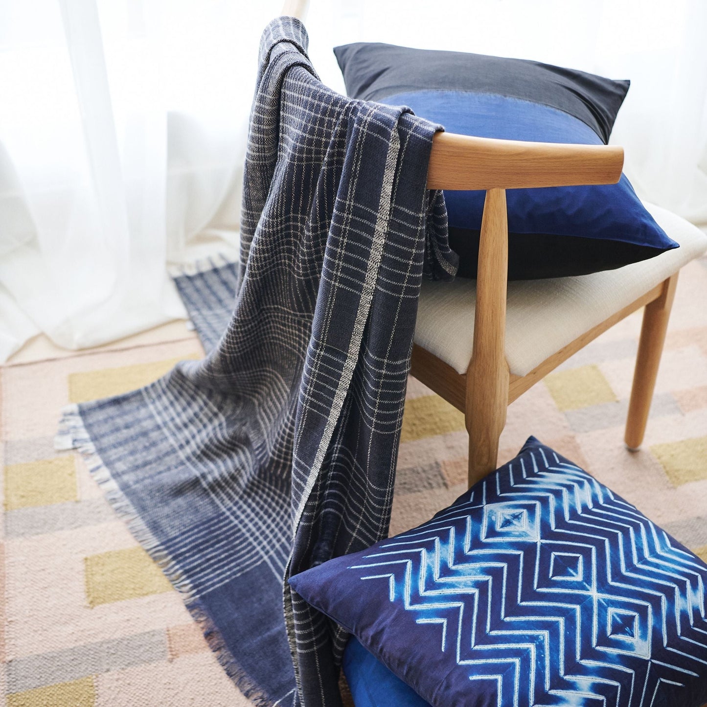 Naami Indigo Geometric Shibori Print Silk Pillow