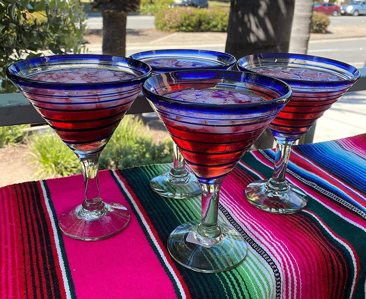 Cobalt Blue Spiral Design Margarita Glasses - Martini Style - Set of 4