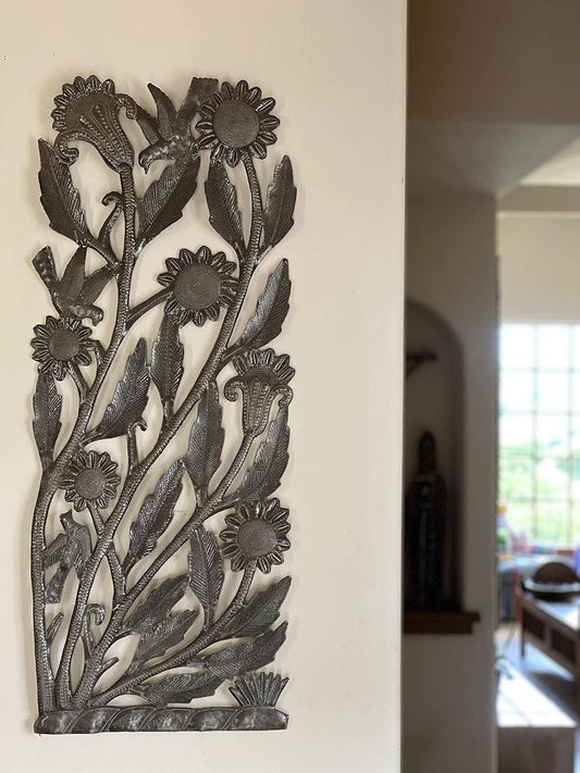 Birds & Garden Flowers Haitian Metal Wall Art 13.5" x 34"