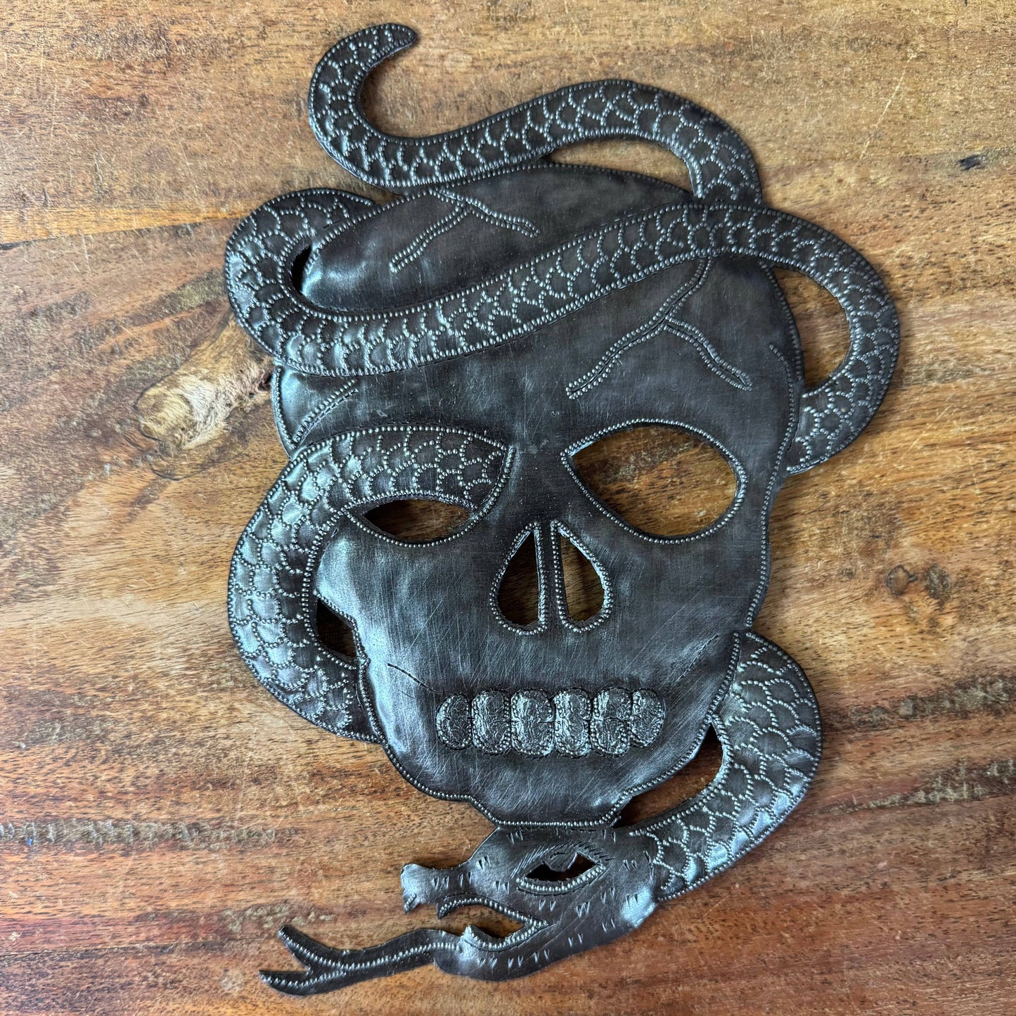 Skull Skeleton with Snake, Haitian Metal Art 10"x7"