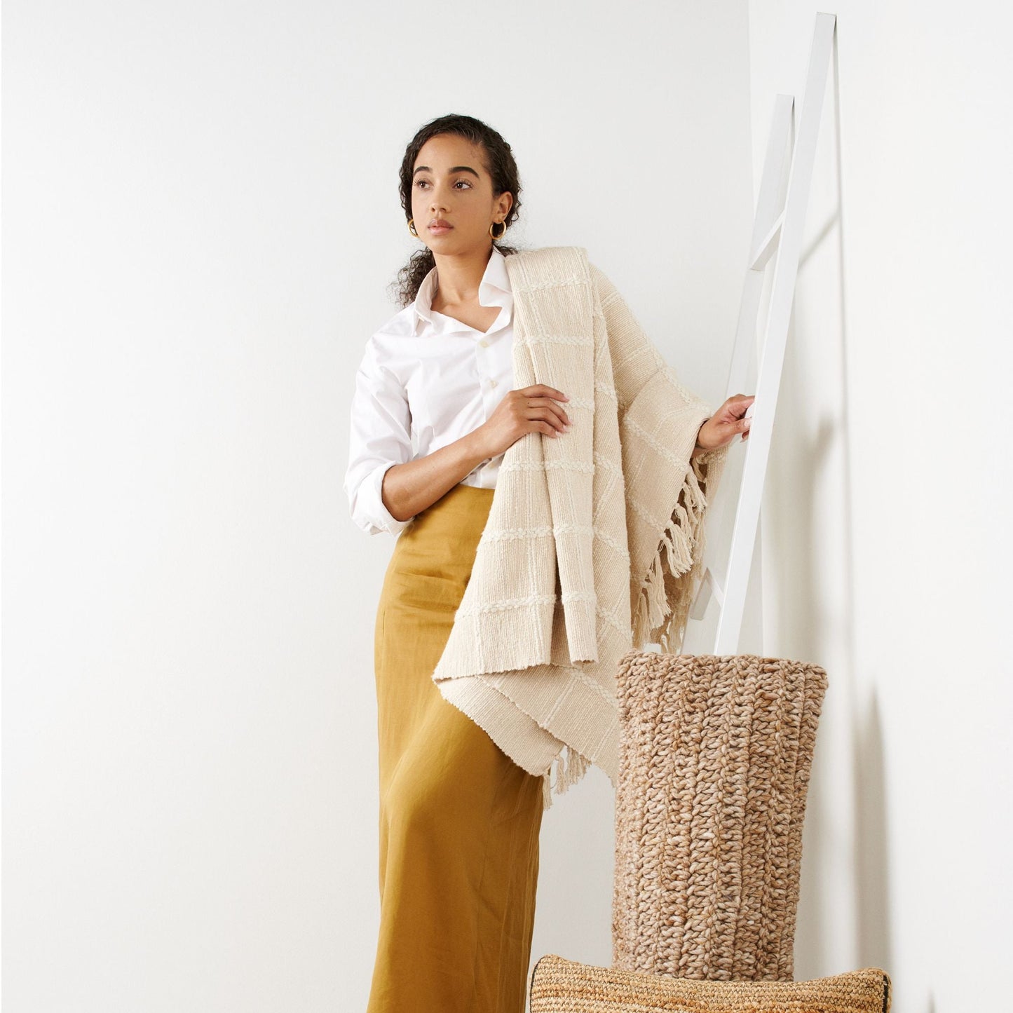 Sea Shell White Textured Checks Handloom Throw