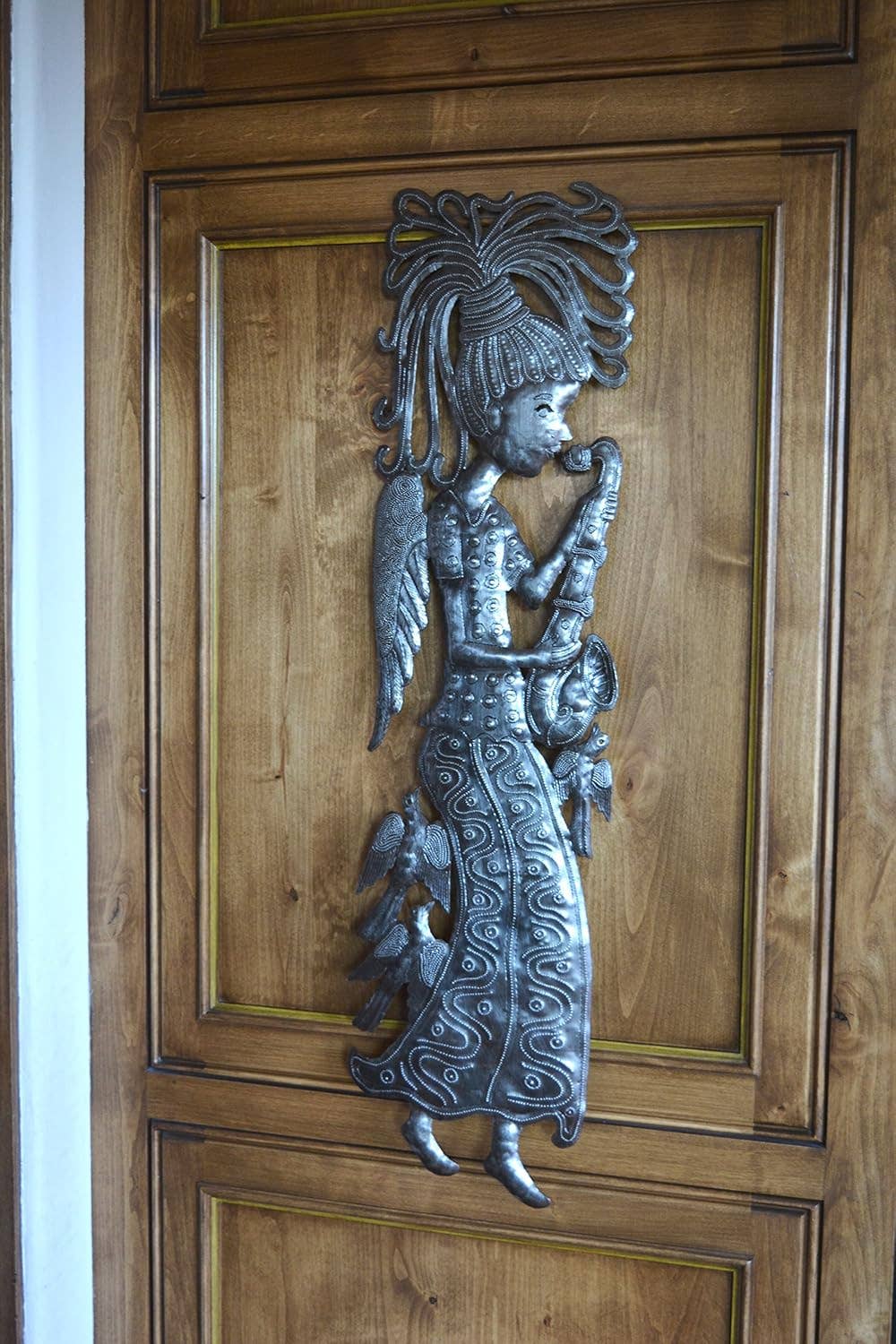 Angel Playing Sax to the Birds Haitian Metal Wall Art