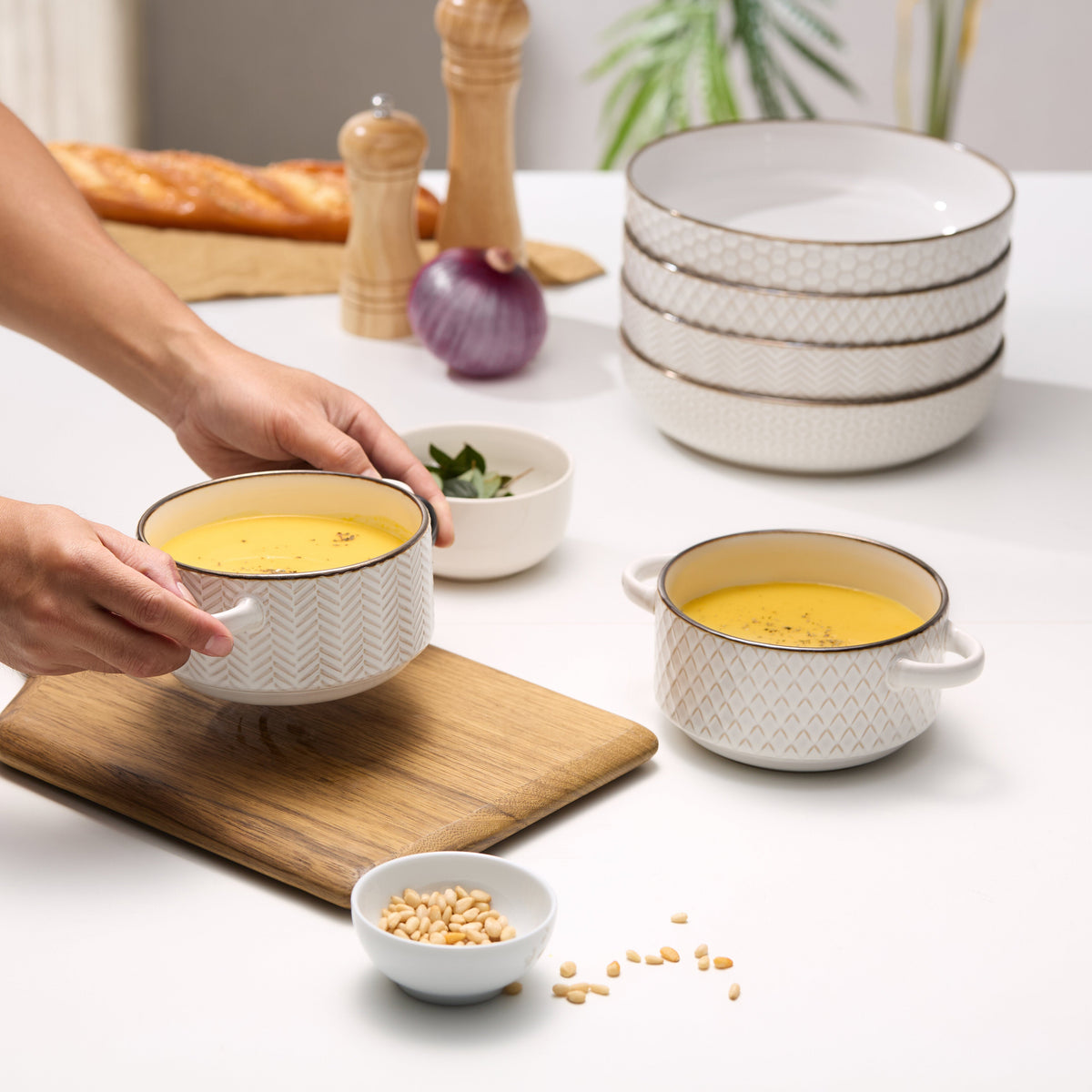 Ceramic Pasta Bowls, 40 oz, Set of 4, Cream/Copper, Narbonne Collection
