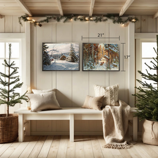 Vintage Oil Reproduction of a Snowy Cabin in the Woods