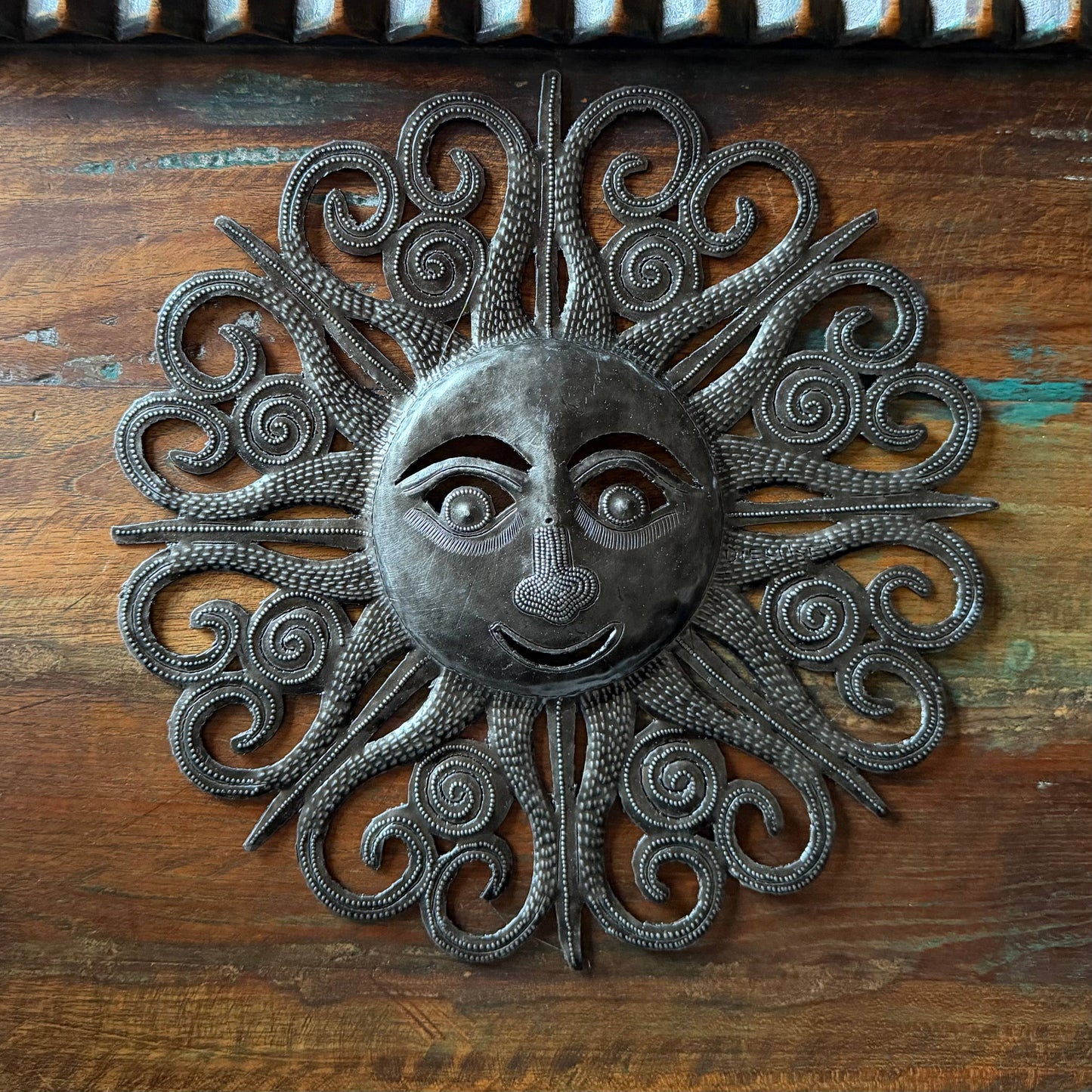 Haitian Metal Sun Face Wall Art 10x10 Hand Chiseled Recycled