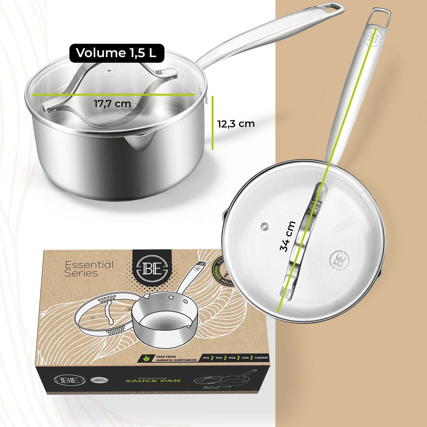 BE | LIVING Essential Series Sauce Pan with Lid 20 cm (Triply stainless steel)