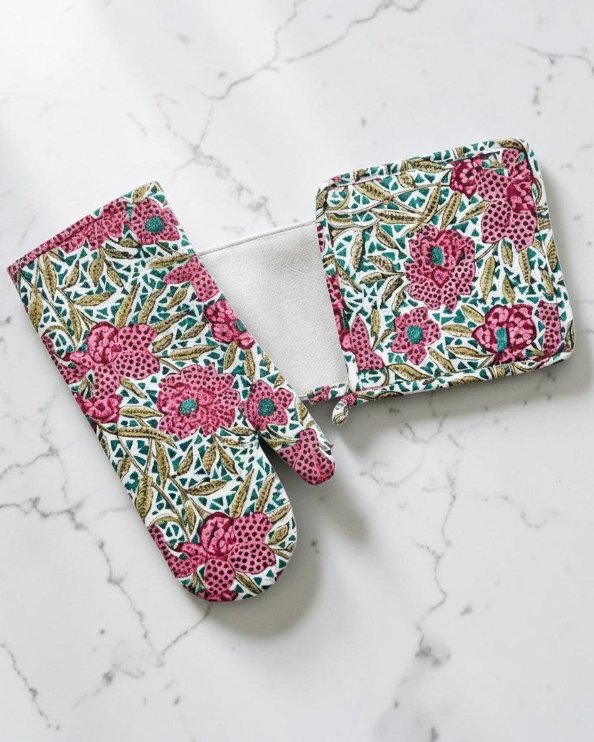 Hand Block Print Oven Mitt Pot Holder Set