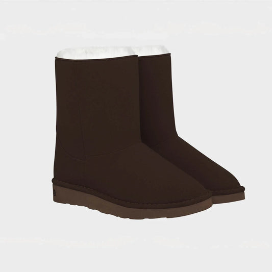 Dark brown vegan mid-calf boots with white faux fur lining