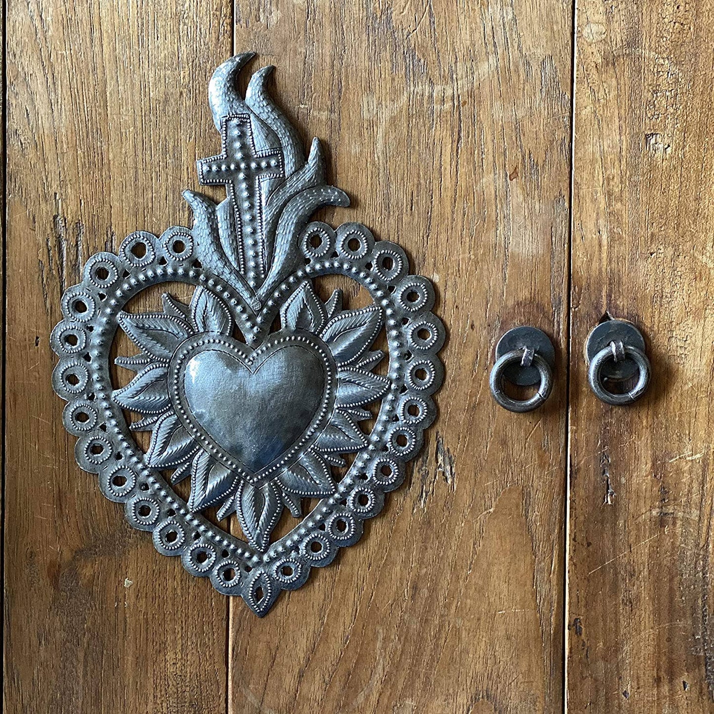 Flaming Sacred Heart with Cross,Haitian Metal Art 7"x10.25"