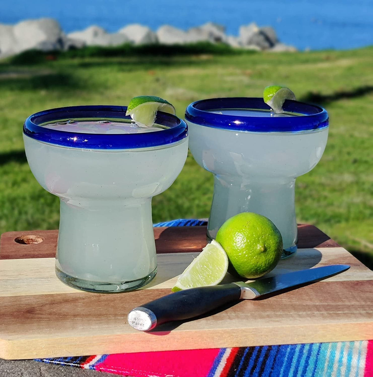 Set of 4 Hand Blown Stemless Blue Rim Margarita Glasses