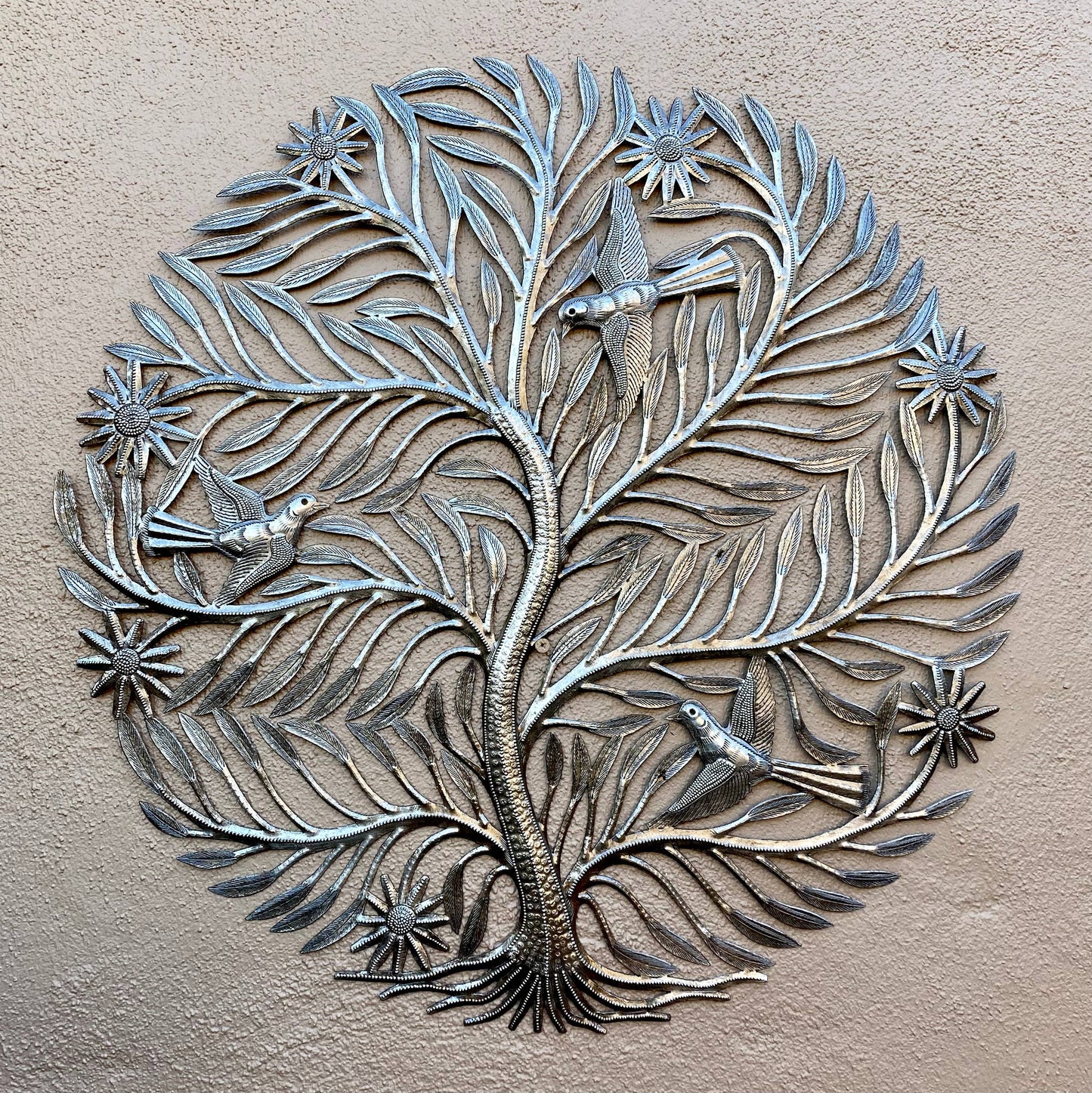 Delicate Cut Tree with Birds, Haitian Wall Hanging 23 Inch