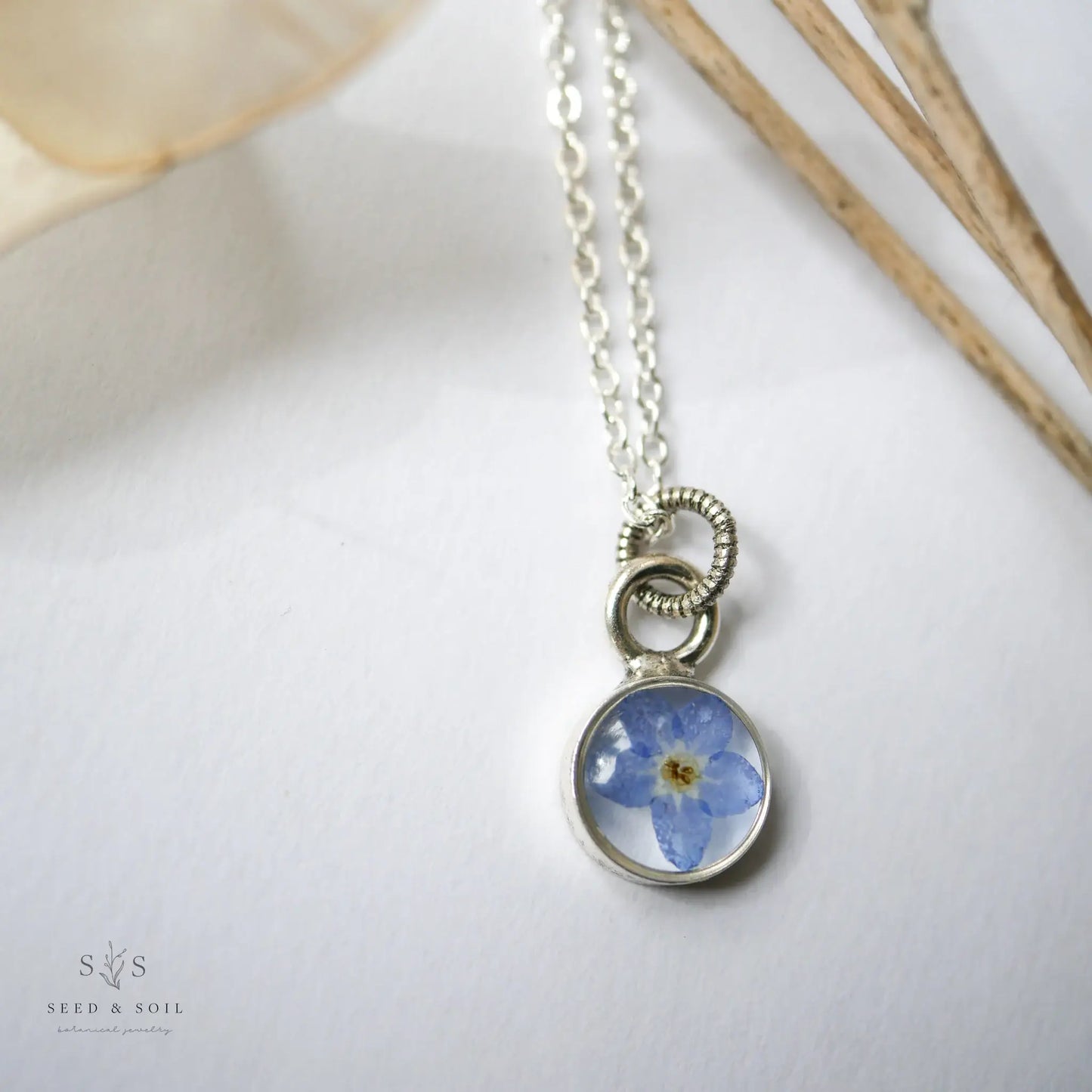 Blue Flower Necklace | Silver Circle Pendant | Forget-me-not