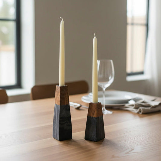 Tapered Marble & Acacia Candleholder