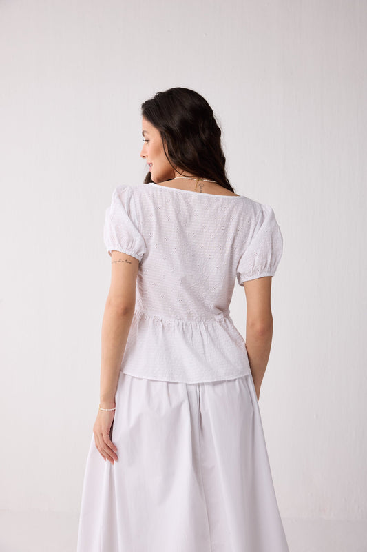Embroidered Peplum Top with Puff Sleeves in White