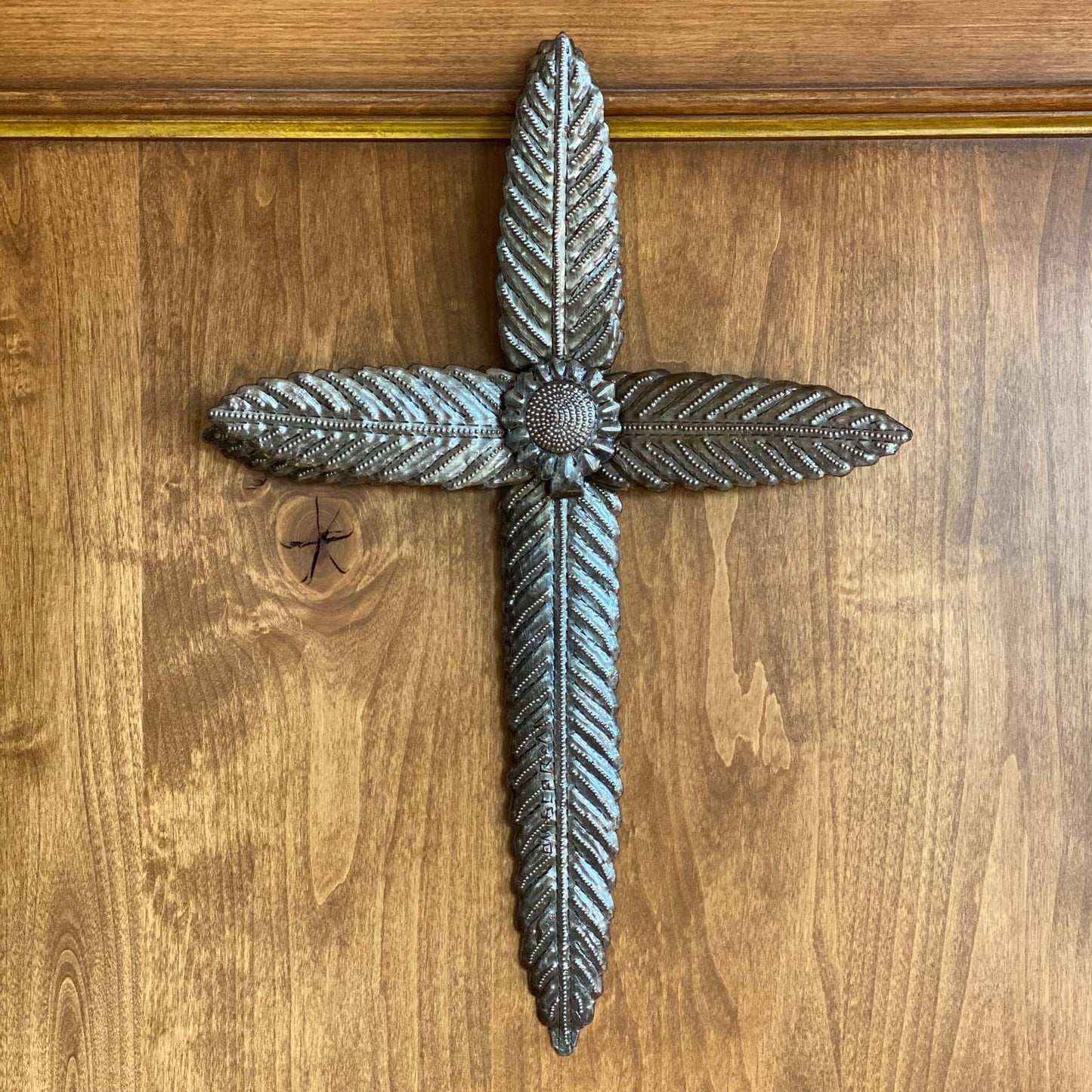 Handmade Haitian Metal Wall Cross 8x13 w/ Center Flower