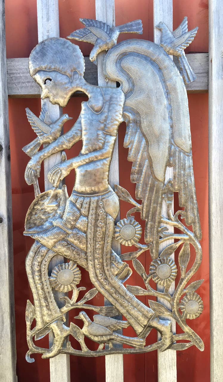 Angel Boy Playing Drum, Haitian Metal Art 18" X 34"