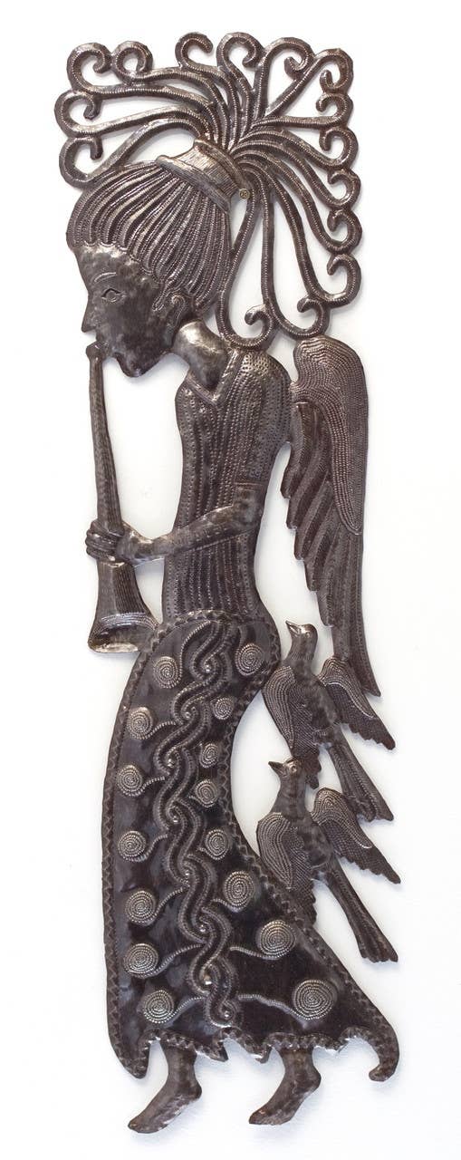 Angel Playing Trumpet with Birds Haitian Metal Wall Art