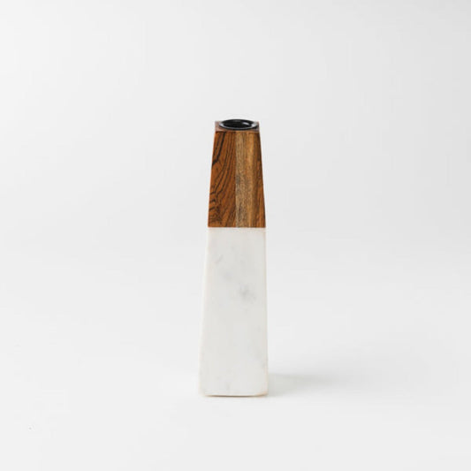 Tapered White Marble & Acacia Candleholder
