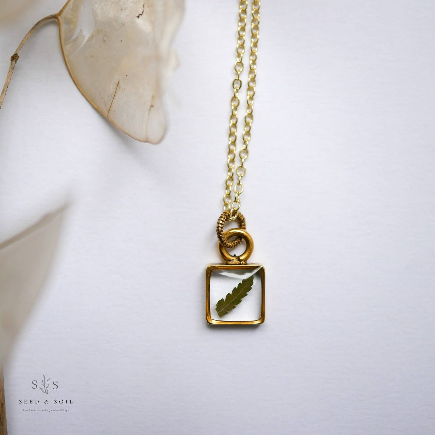 Gold Fern Necklace | Tiny Square Pendant