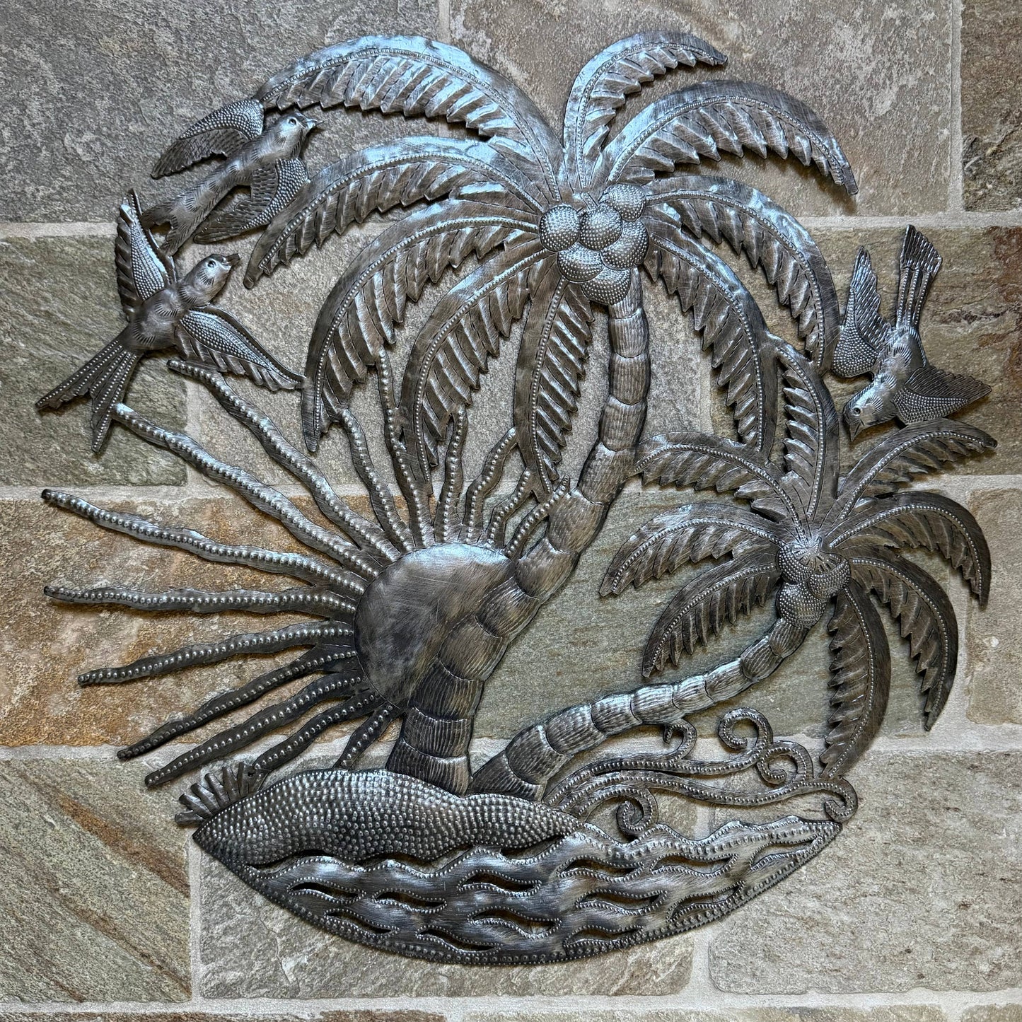 Haitian Tropical Palm Tree Metal Art, Birds Sun Fair Trade