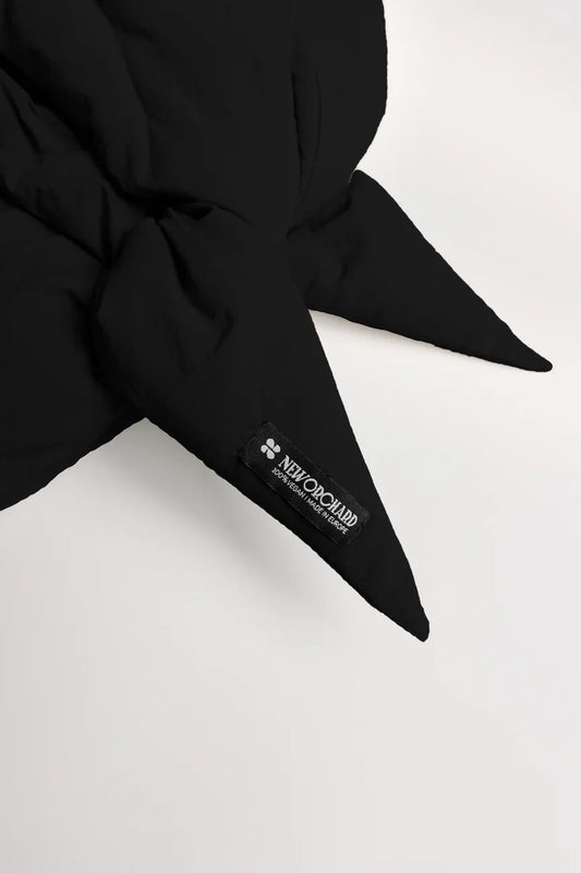 Charcoal black vegan winter capuche made from recycled materials with pointed ends and small logo detail. - The New Orchard - Charcoal Black