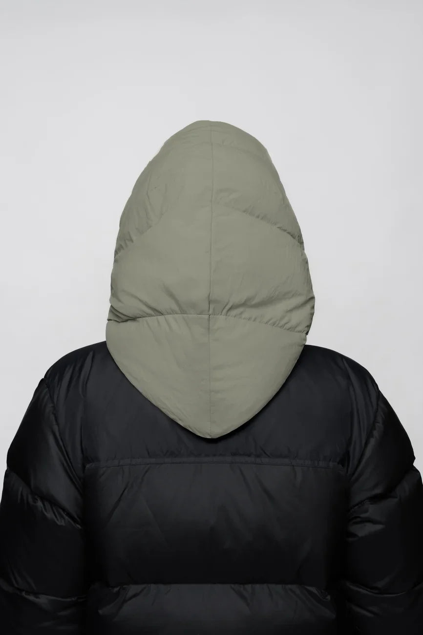 Khaki vegan recycled materials winter capuche hood attached to black puffer jacket back view. - The New Orchard - Natural Khaki