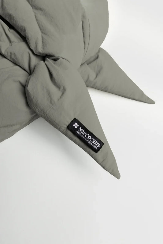 Natural khaki vegan capuche made from recycled materials with triangular pointed design and branded label. - The New Orchard - Natural Khaki