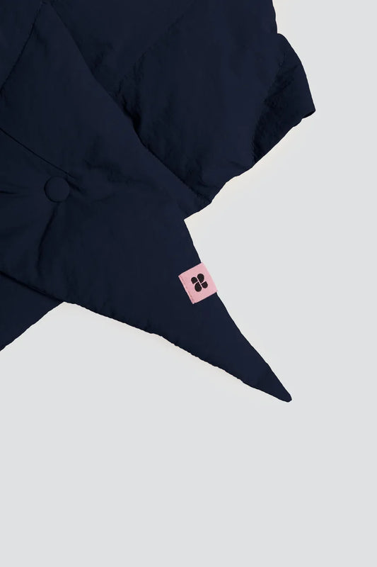 Navy blue vegan winter capuche made from recycled materials with adjustable drawstring and pink logo tag. - The New Orchard - Navy Blue