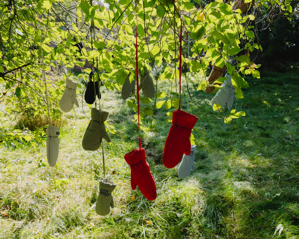 Red vegan knit mittens sustainable cozy winter wear