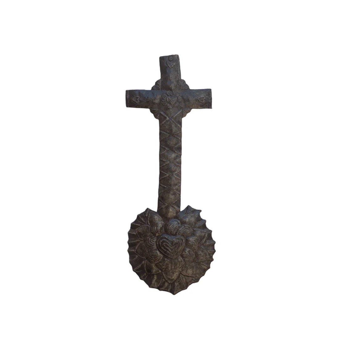 Vintage Blooming Heart Cross Handmade Metal Haitian Folk Art, Religious Wall Art