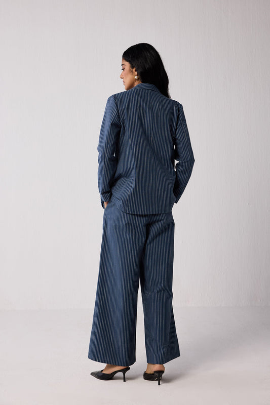 Wide-leg Drawstring Pants with Navy and White Stripes in Blue