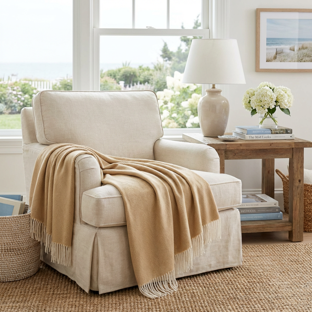 Southampton Home Merino Wool Herringbone Throw - Wheat Tassel