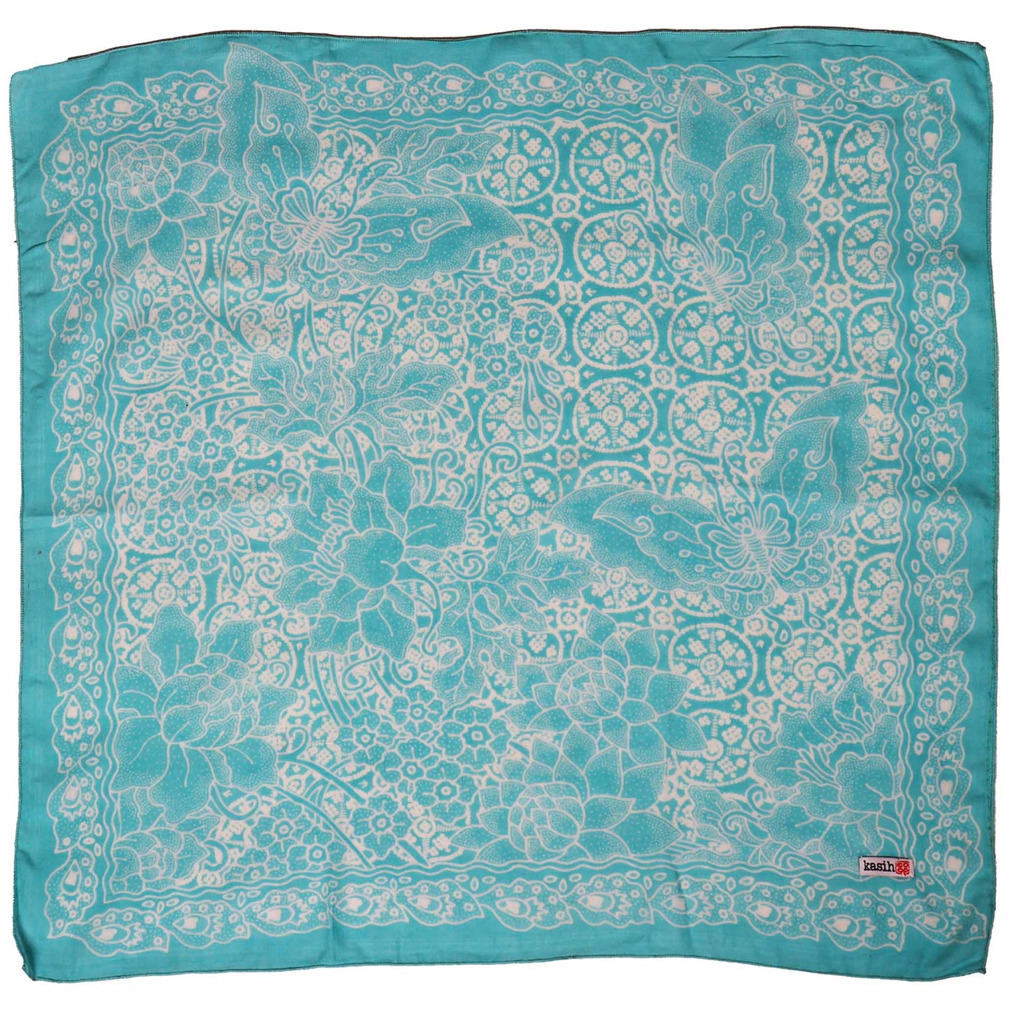 Fully Hand Drawn Batik Tulis Bandana, Teal Tile, Butterfly, Turquoise