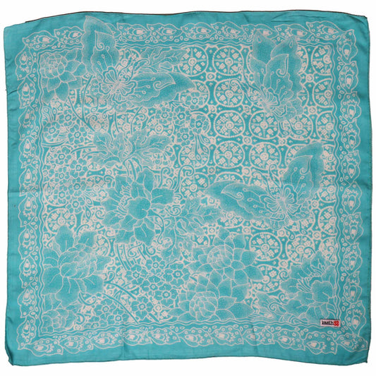 Fully Hand Drawn Batik Tulis Bandana, Teal Tile, Butterfly, Turquoise