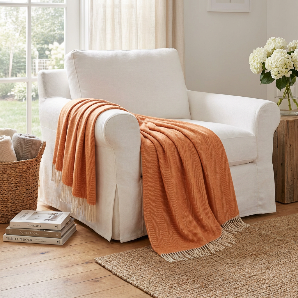 Southampton Home Merino Wool Herringbone Throw - Heirloom Tomato