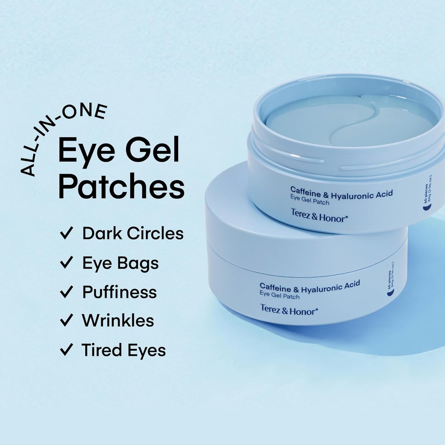 Terez & Honor Under Eye Patches for Dark Circles with 8% Caffeine Eye Cream - Eye Care 2 Step Kit, Dermatologist Tested Korean Skincare Formula, 60 Pcs + 20mL